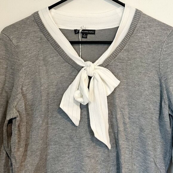 NWT Adrianna Papell Heather Gray Silver Lurex Sweater Faux Button Up Bow Detail - Picture 2 of 6
